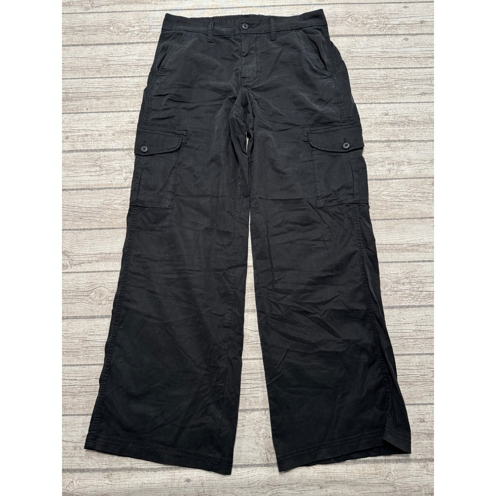 American Eagle Cargo Pants Women's 10 Long Black Wide Leg Relaxed Fit Utility